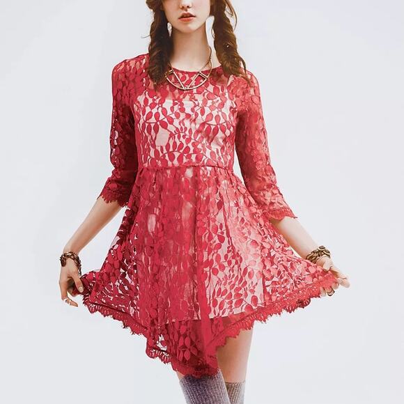 Free People Floral Lace Mesh Dress in Hot Red Attached Adjustable Slip Scalloped - Picture 14 of 14
